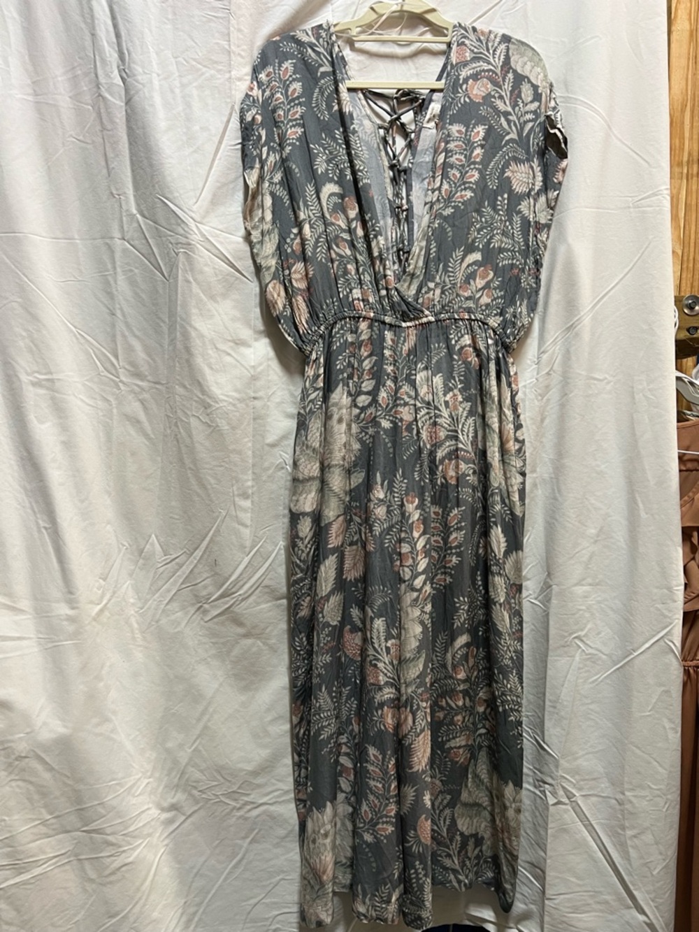 World Market Floral Lace-Up back, plunge V neck front Jumper in Gray and Blush